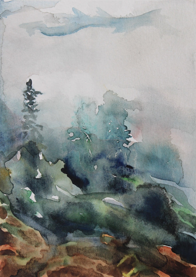 5” x 7” original watercolor abstract foggy trees mountain landscape painting in an expressive, impressionist, moody style by contemporary fine artist Elizabeth Becker