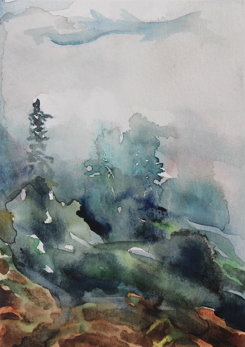 5” x 7” original watercolor abstract foggy trees mountain landscape painting in an expressive, impressionist, moody style by contemporary fine artist Elizabeth Becker