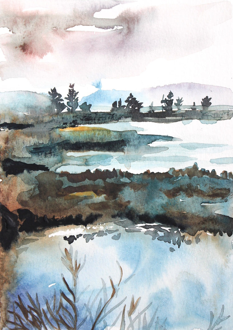 5” x 7” original watercolor abstract foggy marsh or lake landscape painting in an expressive, impressionist, moody style by contemporary fine artist Elizabeth Becker