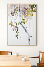 Load image into Gallery viewer, 9” x 12” original watercolor botanical nature painting of plant, leaves and tree branches in an expressive, impressionist, minimalist, modern style by contemporary fine artist Elizabeth Becker. Soft watery pink, olive green, gray and white colors.
