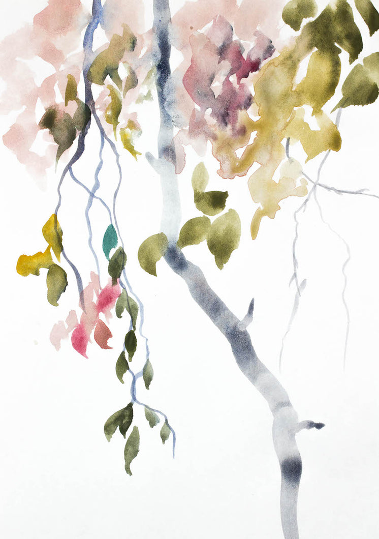 9” x 12” original watercolor botanical nature painting of plant, leaves and tree branches in an expressive, impressionist, minimalist, modern style by contemporary fine artist Elizabeth Becker. Soft watery pink, olive green, gray and white colors.