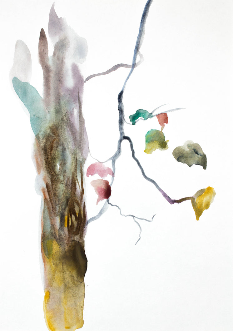 9” x 12” original watercolor botanical nature painting of plant, leaves and tree branches in an expressive, impressionist, minimalist, modern style by contemporary fine artist Elizabeth Becker. Soft watery pink, olive green, gray and white colors. Soft muted neutral green, gold, yellow ochre, brown, gray and white colors.