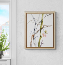 Load image into Gallery viewer, 9” x 12” original watercolor botanical nature painting of plant, leaves and tree branches in an expressive, impressionist, minimalist, modern style by contemporary fine artist Elizabeth Becker. Soft watery muted pink, olive green, gray and white colors. 
