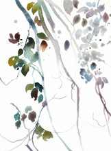Load image into Gallery viewer, 9” x 12” original watercolor botanical nature painting of plant, leaves and tree branches in an expressive, impressionist, minimalist, modern style by contemporary fine artist Elizabeth Becker. Soft watery pink, olive green, gray and white colors. Soft pale blue green, gray and white colors.
