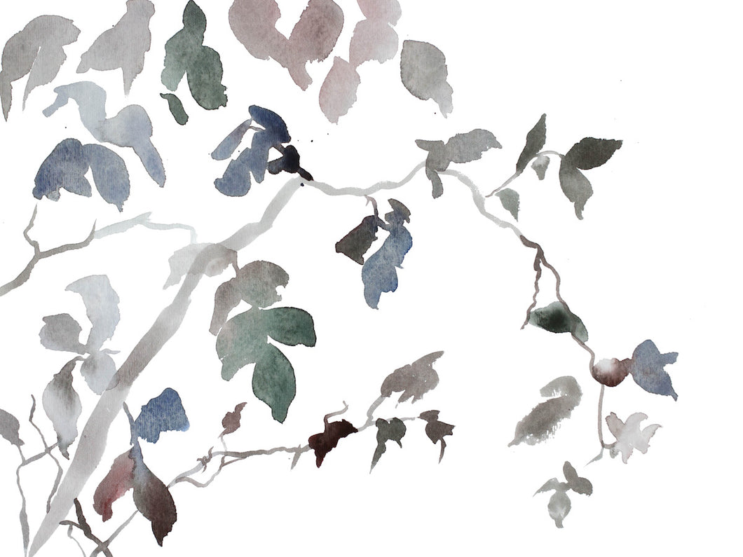 9” x 12” original watercolor botanical nature painting of plant, leaves and tree branches in an expressive, impressionist, minimalist, modern style by contemporary fine artist Elizabeth Becker. Soft muted monochromatic mauve purple, blue, gray, green and white colors.