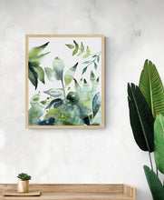 Load image into Gallery viewer, 16&quot; x 20&quot; original watercolor botanical ferns and leaves painting in an expressive, impressionist, minimalist, modern style by contemporary fine artist Elizabeth Becker. Monochromatic green, black and white colors.
