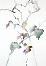Load image into Gallery viewer, 9” x 12” original watercolor botanical nature painting of plant, leaves and tree branches in an expressive, impressionist, minimalist, modern style by contemporary fine artist Elizabeth Becker. Soft watery muted monochromatic green, gray, pink, eggplant purple and white colors.
