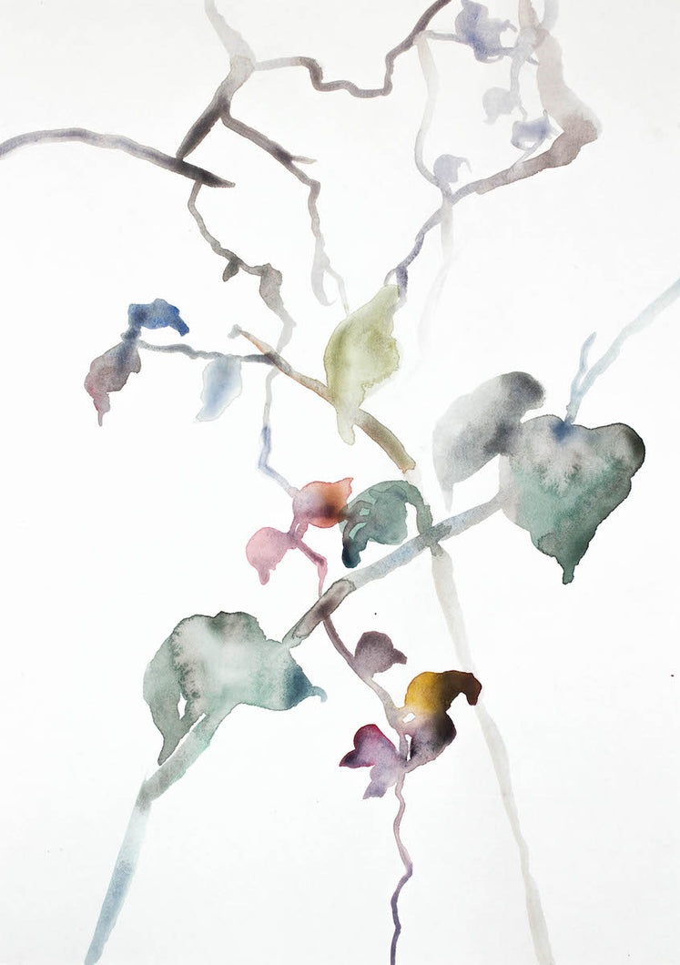 9” x 12” original watercolor botanical nature painting of plant, leaves and tree branches in an expressive, impressionist, minimalist, modern style by contemporary fine artist Elizabeth Becker. Soft watery muted monochromatic green, gray, pink, eggplant purple and white colors.