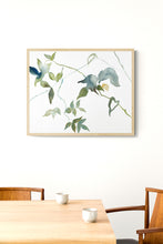 Load image into Gallery viewer, 16&quot; x 20&quot; original watercolor botanical ferns and leaves painting in an expressive, impressionist, minimalist, modern style by contemporary fine artist Elizabeth Becker. Soft monochromatic blue green, olive, gold and white colors.

