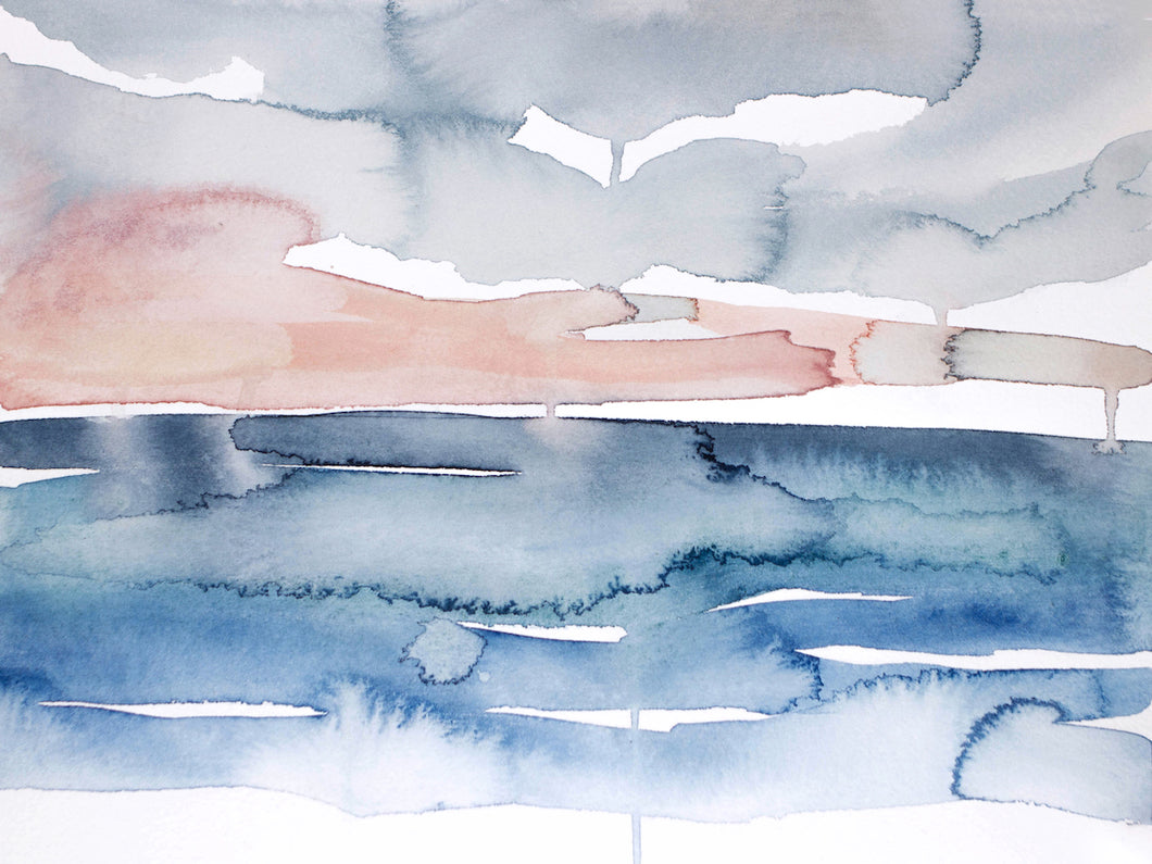 9” x 12” original watercolor abstract beach seascape painting in an ethereal, expressive, impressionist, minimalist, modern style by contemporary fine artist Elizabeth Becker