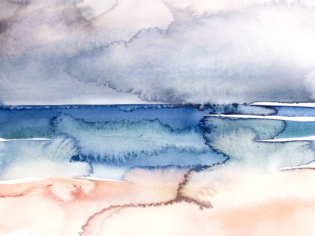 9” x 12” original watercolor abstract beach seascape painting in an ethereal, expressive, impressionist, minimalist, modern style by contemporary fine artist Elizabeth Becker