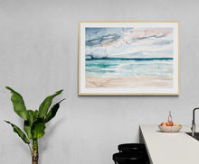 Load image into Gallery viewer, 25.5” x 36” original watercolor abstract sunset beachscape painting in an expressive, impressionist, minimalist, modern watery style by contemporary fine artist Elizabeth Becker. Soft watery blue green, teal, gray, peach and white colors. Serene, calming, serene, tranquil and peaceful ocean seascape wall art. 
