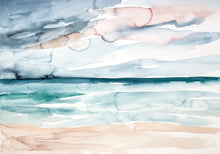 Load image into Gallery viewer, 25.5” x 36” original watercolor abstract sunset beachscape painting in an expressive, impressionist, minimalist, modern watery style by contemporary fine artist Elizabeth Becker. Soft watery blue green, teal, gray, peach and white colors. Serene, calming, serene, tranquil and peaceful ocean seascape wall art. 
