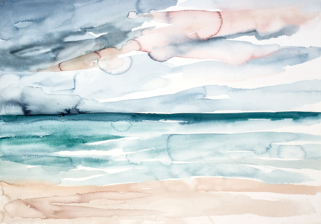 25.5” x 36” original watercolor abstract sunset beachscape painting in an expressive, impressionist, minimalist, modern watery style by contemporary fine artist Elizabeth Becker. Soft watery blue green, teal, gray, peach and white colors. Serene, calming, serene, tranquil and peaceful ocean seascape wall art. 
