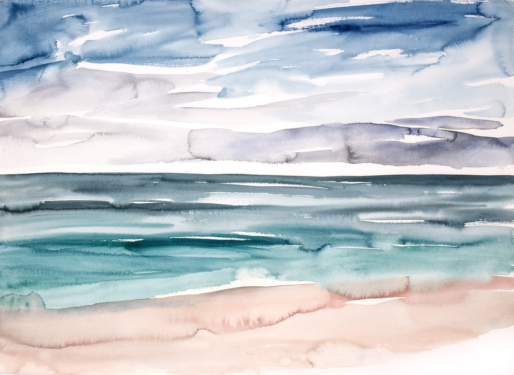 25.5” x 36” original watercolor abstract sunset beachscape painting in an expressive, impressionist, minimalist, modern watery style by contemporary fine artist Elizabeth Becker. Soft watery blue green, teal, gray, peach and white colors. Serene, calming, serene, tranquil and peaceful ocean seascape wall art. 