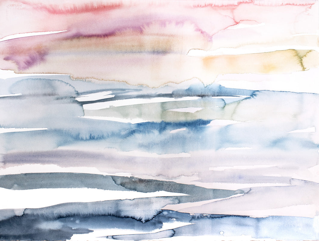 18” x 24” original watercolor abstract colorful beachscape painting in an expressive, impressionist, minimalist, modern watery style by contemporary fine artist Elizabeth Becker