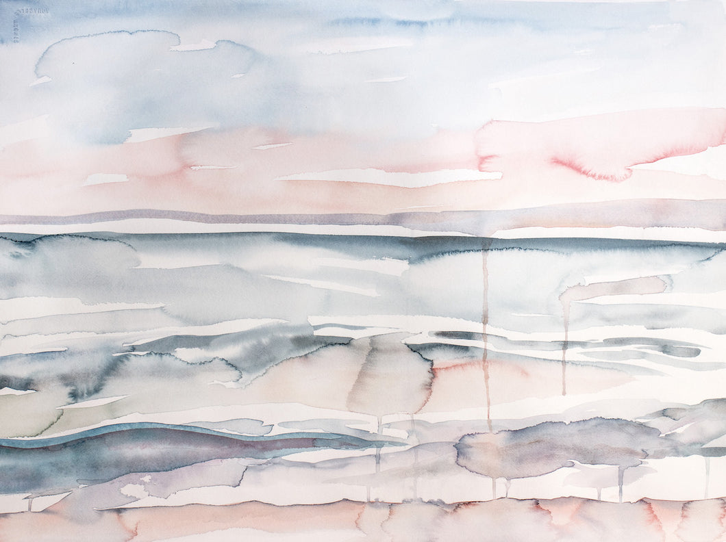 22” x 30” original watercolor abstract sunset beachscape painting in an expressive, impressionist, minimalist, modern watery style by contemporary fine artist Elizabeth Becker. Soft watery blue, gray, peach and white colors. Serene, calming, serene, tranquil and peaceful wall art. 