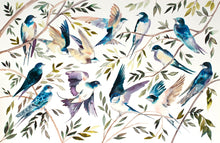 Load image into Gallery viewer, 26” x 40” original watercolor ink painting of tree swallow birds in branches. Large-scale wildlife illustration in an expressive modern style by contemporary fine artist Elizabeth Becker. Monochromatic dark blue, olive green, purple, peach and white colors.
