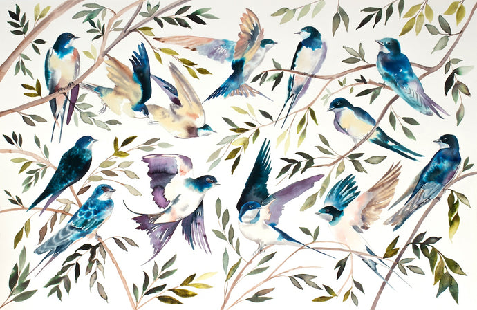 26” x 40” original watercolor ink painting of tree swallow birds in branches. Large-scale wildlife illustration in an expressive modern style by contemporary fine artist Elizabeth Becker. Monochromatic dark blue, olive green, purple, peach and white colors.