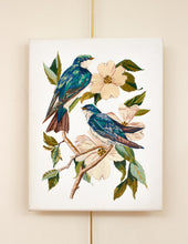 Load image into Gallery viewer, 11” x 14" original hand embroidery on canvas. Two tree swallow birds and botanical dogwood floral tree branches. Inspired by Audubon. Fiber art, in an intricate, meticulous, illustrative, minimalist, modern style by contemporary fine artist Elizabeth Becker. Monochromatic blue, green, teal, turquoise and white colors.
