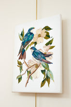 Load image into Gallery viewer, 11” x 14" original hand embroidery on canvas. Two tree swallow birds and botanical dogwood floral tree branches. Inspired by Audubon. Fiber art, in an intricate, meticulous, illustrative, minimalist, modern style by contemporary fine artist Elizabeth Becker. Monochromatic blue, green, teal, turquoise and white colors.
