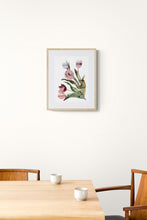 Load image into Gallery viewer, 11&quot; x 15&quot; original watercolor botanical tulips floral bouquet painting in an expressive, loose, watery, minimalist, modern style by contemporary fine artist Elizabeth Becker. Prints available. Muted soft mauve, dark pink, maroon red, lavender purple, olive green and white colors. Framed.
