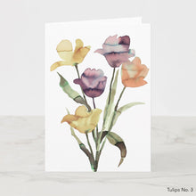 Load image into Gallery viewer, Greeting card featuring print of watercolor painting by contemporary artist Elizabeth Becker. Blank inside for any occasion. Botanical, floral, tulips flowers. Soft yellow, mauve, eggplant purple, orange, olive green and white colors.  Loose, expressive, minimalist, modern watercolor art.
