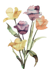 Load image into Gallery viewer, 11&quot; x 15&quot; original watercolor botanical tulips floral bouquet painting in an expressive, loose, watery, minimalist, modern style by contemporary fine artist Elizabeth Becker. Prints available. Muted yellow, purple, peach fuzz, dark olive green and white colors.

