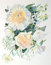 Load image into Gallery viewer, Commission a custom floral wedding bouquet watercolor painting by contemporary artist Elizabeth Becker in an expressive, impressionist, minimalist, modern style. Monochromatic soft olive green, yellow, peach and white colors.
