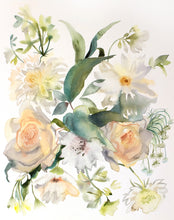 Load image into Gallery viewer, Commission a custom floral wedding bouquet watercolor painting by contemporary artist Elizabeth Becker in an expressive, impressionist, minimalist, modern style. Monochromatic soft olive green, yellow, peach and white colors.
