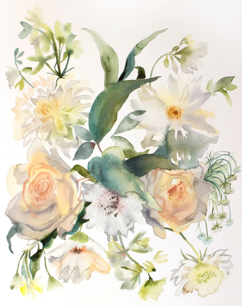 Commission a custom floral wedding bouquet watercolor painting by contemporary artist Elizabeth Becker in an expressive, impressionist, minimalist, modern style. Monochromatic soft olive green, yellow, peach and white colors.