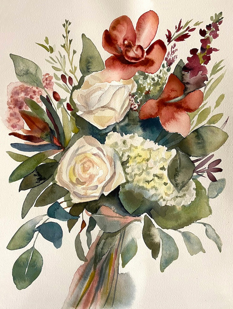 Commission a custom floral wedding bouquet watercolor painting by contemporary artist Elizabeth Becker in an expressive, impressionist, minimalist, modern style.