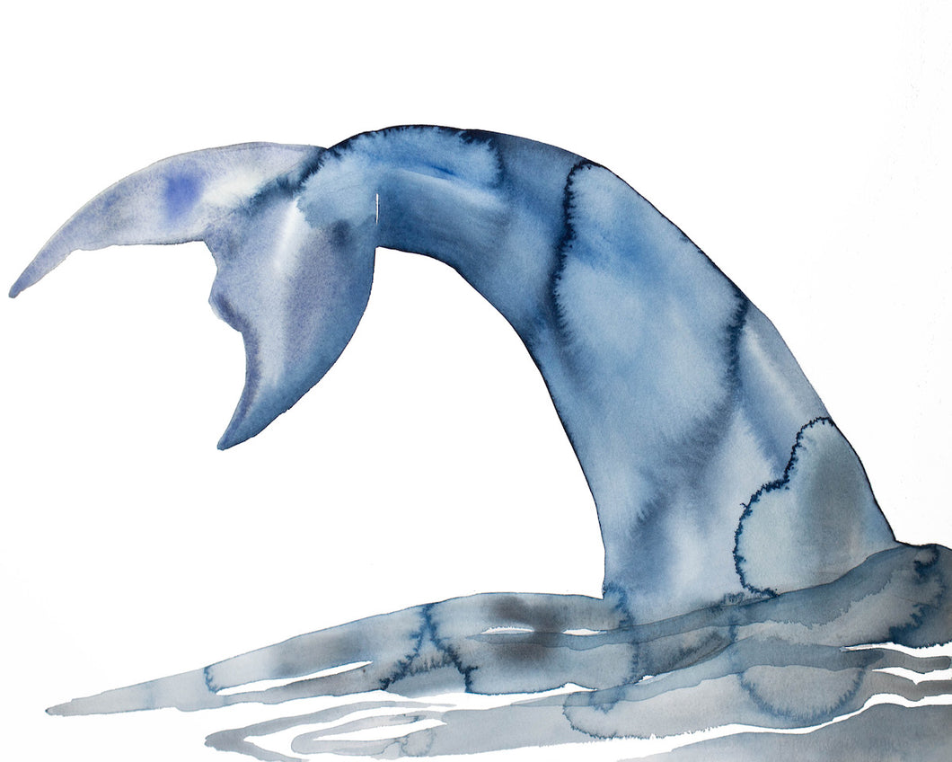 16” x 20” original watercolor whale tail painting in an expressive, impressionist, minimalist, modern style by contemporary fine artist Elizabeth Becker. Watery ocean, sea, beach art. Monochromatic blue with white background.