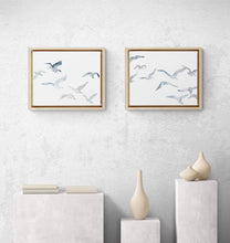 Load image into Gallery viewer, 18” x 24” original watercolor flying geese birds painting in an ethereal, expressive, impressionist, minimalist, modern style by contemporary fine artist Elizabeth Becker. Soft muted pale blue gray and white colors.
