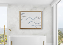 Load image into Gallery viewer, 18” x 24” original watercolor flying geese birds painting in an ethereal, expressive, impressionist, minimalist, modern style by contemporary fine artist Elizabeth Becker. Soft muted pale blue gray and white colors.

