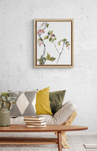 Load image into Gallery viewer, 9” x 12” original watercolor botanical nature painting of plant, leaves and tree branches in an expressive, impressionist, minimalist, modern style by contemporary fine artist Elizabeth Becker. Soft watery muted pink, olive green, gray and white colors. 
