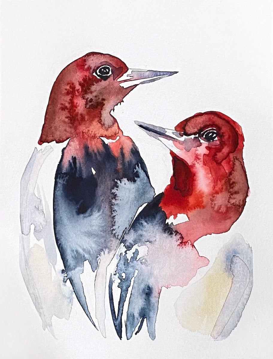 Red-headed woodpeckers pair / couple. Commission a custom bird, animal or insect watercolor painting by contemporary artist Elizabeth Becker in an expressive, impressionist, minimalist, modern style.