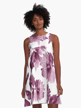 Load image into Gallery viewer, A-line or swing dress featuring original hand-painted watercolor painting by artist Elizabeth Becker. Minimal modern flowy summer tent dress with floral design. Monochromatic mulberry purple and white colors. Loose expressive botanical hibiscus flowers.
