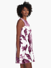 Load image into Gallery viewer, A-line or swing dress featuring original hand-painted watercolor painting by artist Elizabeth Becker. Minimal modern flowy summer tent dress with floral design. Monochromatic mulberry purple and white colors. Loose expressive botanical hibiscus flowers.
