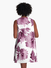 Load image into Gallery viewer, A-line or swing dress featuring original hand-painted watercolor painting by artist Elizabeth Becker. Minimal modern flowy summer tent dress with floral design. Monochromatic mulberry purple and white colors. Loose expressive botanical hibiscus flowers.
