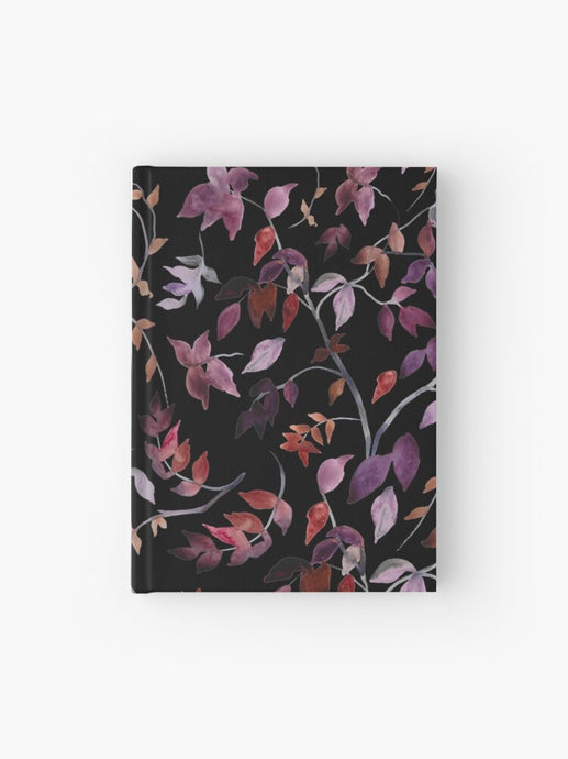 Hardcover journal featuring original hand-painted watercolor painting by artist Elizabeth Becker. Ruled line, graph or blank pages. Red and purple on black background. Botanical leaves, tree branches and vines.