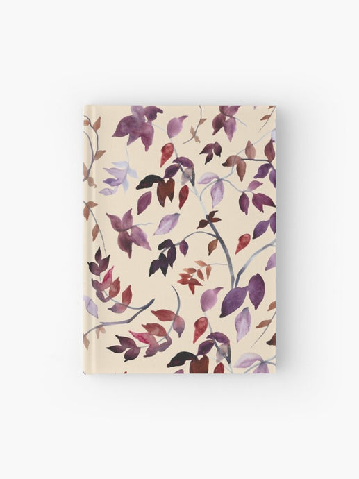 Hardcover journal featuring original hand-painted watercolor painting by artist Elizabeth Becker. Ruled line, graph or blank pages. Red and purple on cream background. Botanical leaves, tree branches and vines.