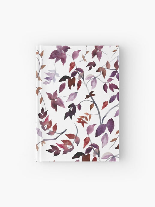 Hardcover journal featuring original hand-painted watercolor painting by artist Elizabeth Becker. Ruled line, graph or blank pages. Red and purple on white background. Botanical leaves, tree branches and vines.