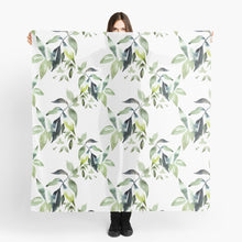 Load image into Gallery viewer, Scarf featuring original hand-painted watercolor painting by artist Elizabeth Becker. Green, black and white leaves &amp; branches design.
