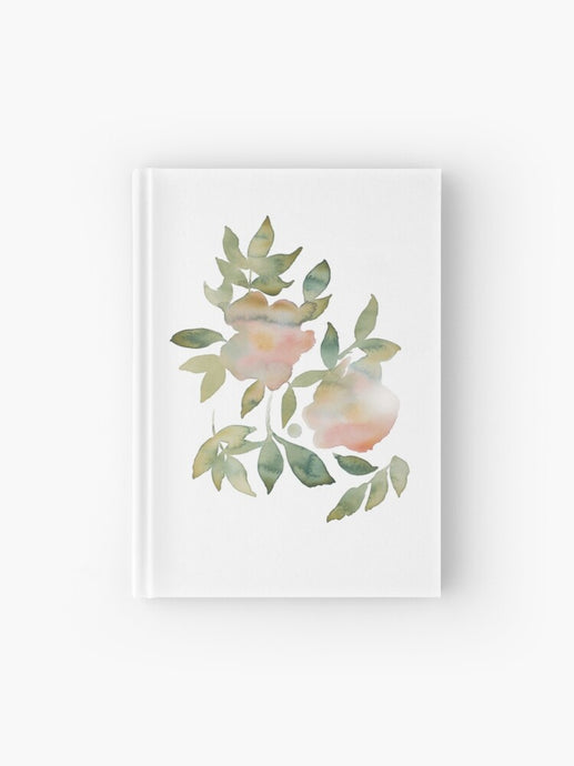 Hardcover journal featuring original hand-painted watercolor painting by artist Elizabeth Becker. Ruled line, graph or blank pages. Soft peach, light pink, olive green and white colors. Rose flowers and leaves. Botanical floral design.