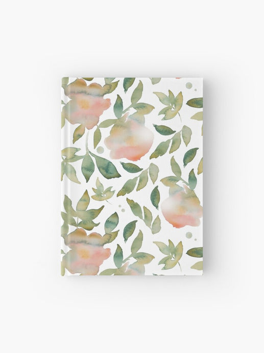 Hardcover journal featuring original hand-painted watercolor painting by artist Elizabeth Becker. Ruled line, graph or blank pages. Soft peach, light pink, olive green and white colors. Abstract floral. Flowers and leaves.