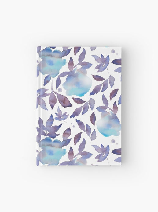 Hardcover journal featuring original hand-painted watercolor painting by artist Elizabeth Becker. Ruled line, graph or blank pages. Light blue, purple and white colors. Abstract floral. Flowers and leaves.