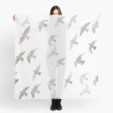 Load image into Gallery viewer, Scarf featuring original hand-painted watercolor painting by artist Elizabeth Becker. Mauve, pale pink, gray and white flying birds design.
