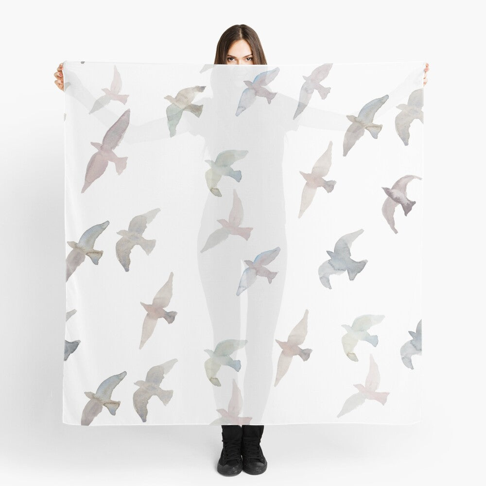 Scarf featuring original hand-painted watercolor painting by artist Elizabeth Becker. Mauve, pale pink, gray and white flying birds design.