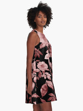 Load image into Gallery viewer, A-line or swing dress featuring original hand-painted watercolor painting by artist Elizabeth Becker. Minimal modern flowy summer tent dress with floral design. Soft muted maroon red on black background. Loose expressive botanical rose flowers and leaves.
